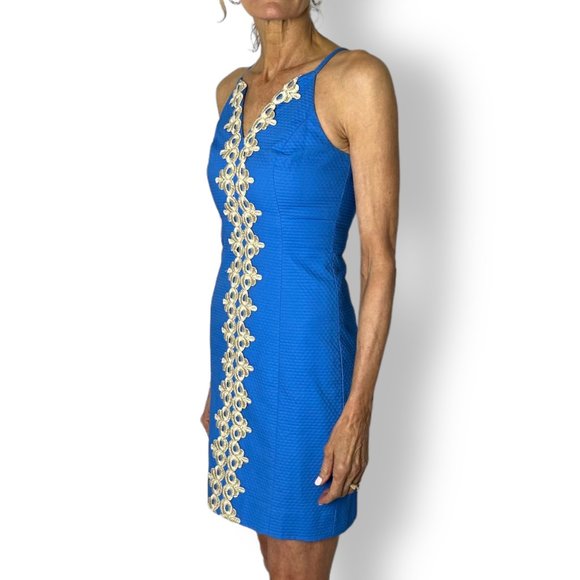 Lilly Pulitzer Pearl Sheath Lapis Blue Gold Lace Pique V Neck Dress Size 00 - Picture 4 of 9